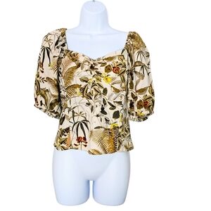 H&M Cream and Brown Floral Puff Sleeve Blouse